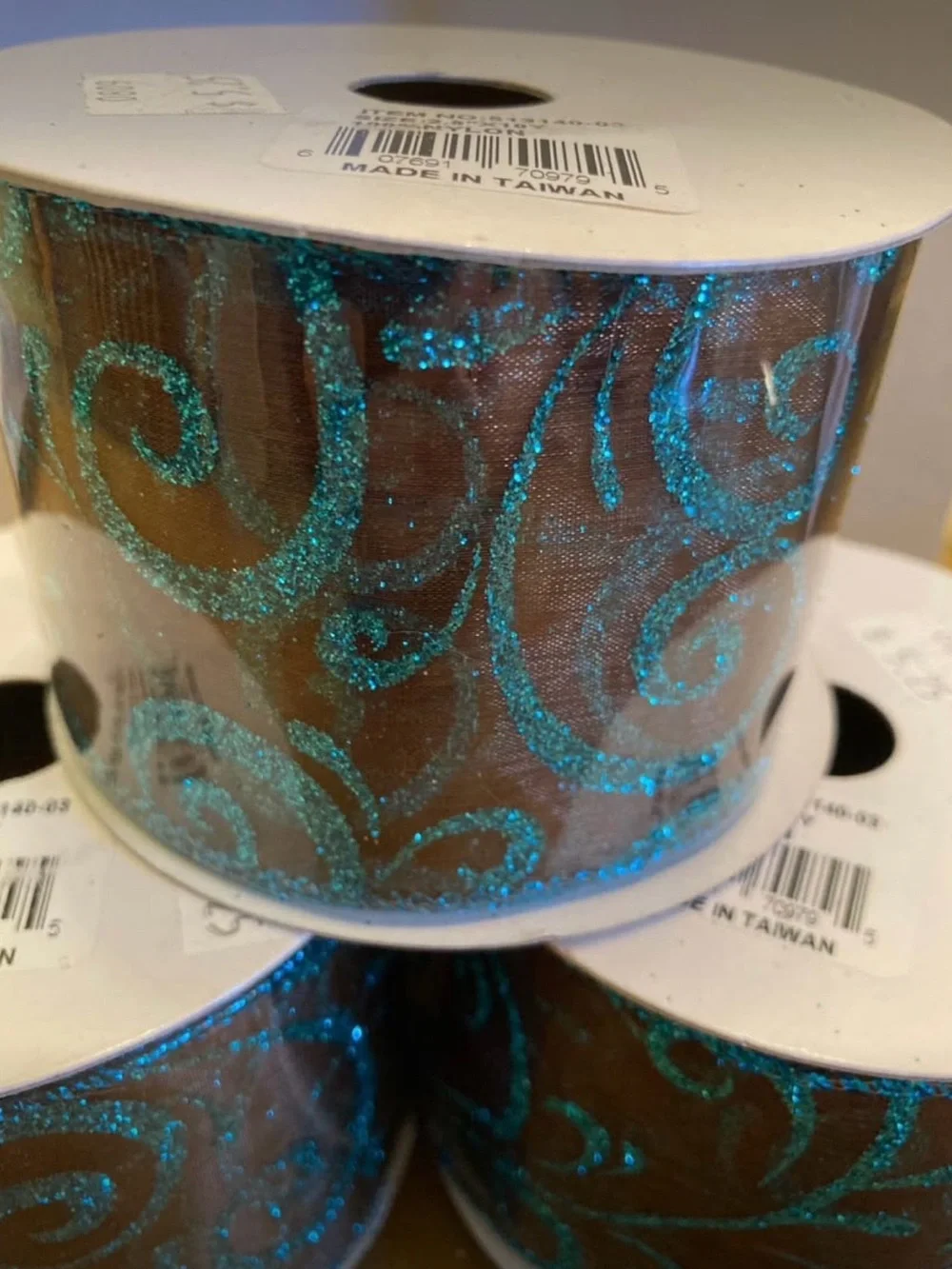 Turquoise Glitter Swirl Wired Ribbon - Brown Base